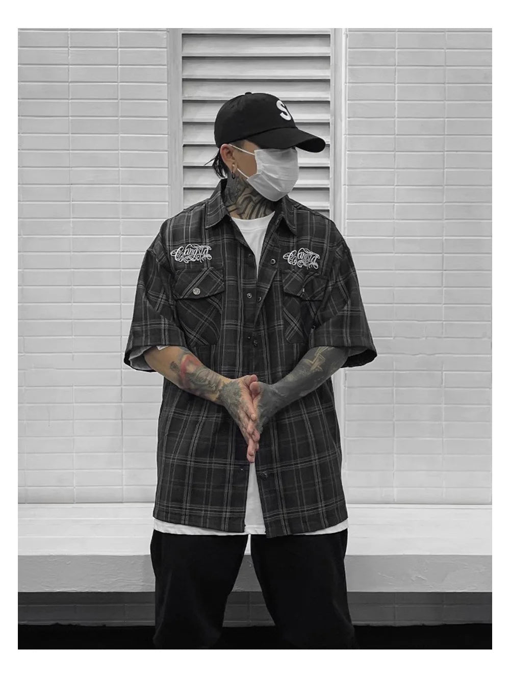Chicano Safari Short Sleeve Shirt Mens Summer Streetwear Casual Loose Letter Embroidery Lapel Plaid Shirt Man
