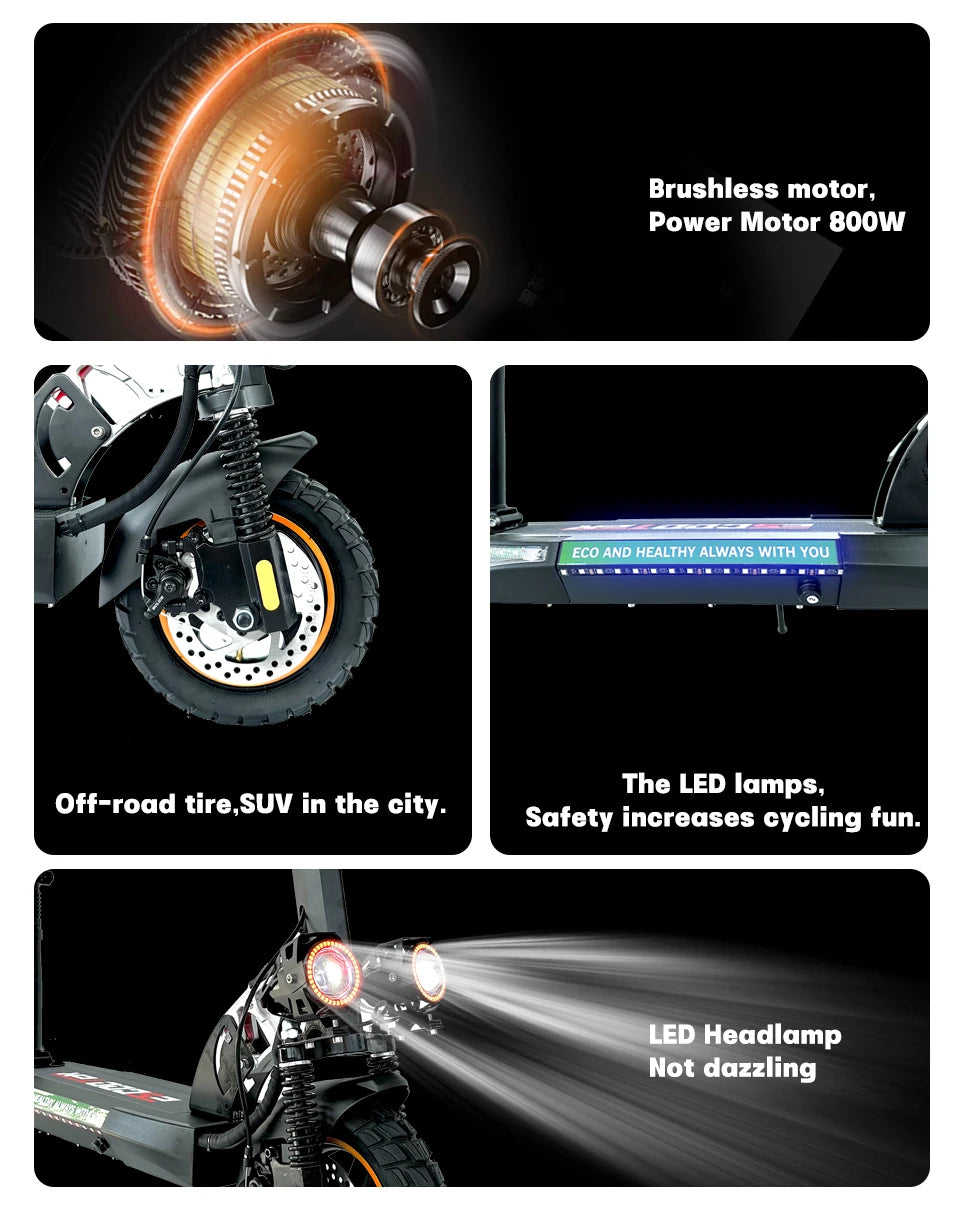 800W Powerful Electric Scooter 48V 13Ah Max Speed 45km/h Long Range 10'' Tires Dual Shock Absorbing Folding EScooter for Adults