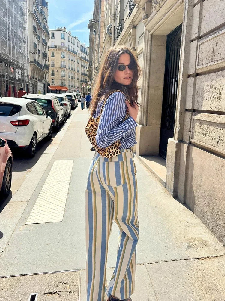 Casual Stripe Contrast Women's Pants Loose Zipper Button Pocket Wide Leg Female Pant 2026 Spring Summer Lady All-match Trousers