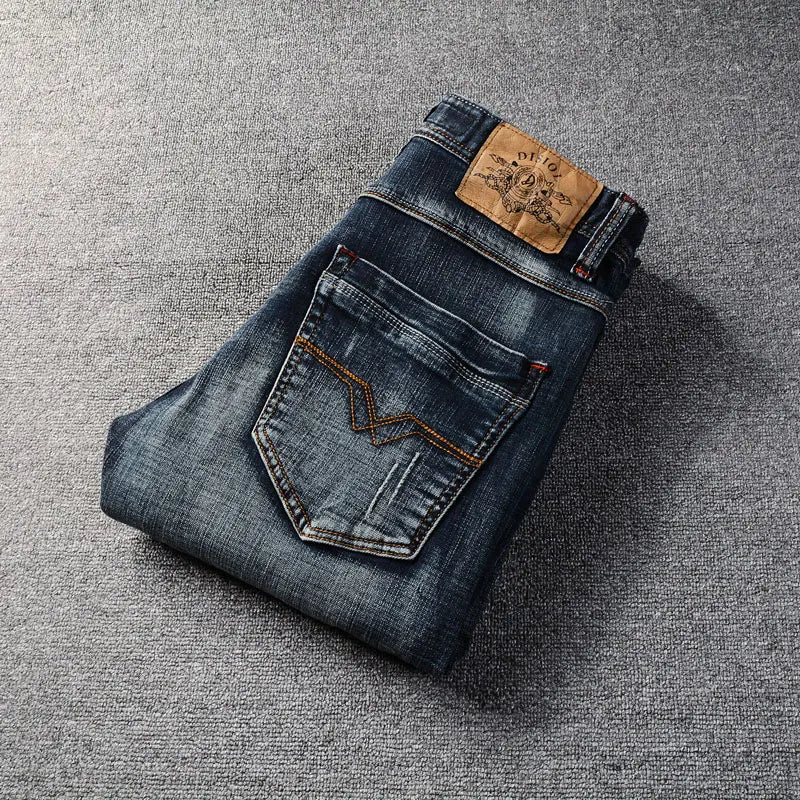 Italian Style Fashion Men Jeans High Quality Retro Black Blue Elastic Slim Fit Ripped Jeans Men Vintage Designer Denim Pants