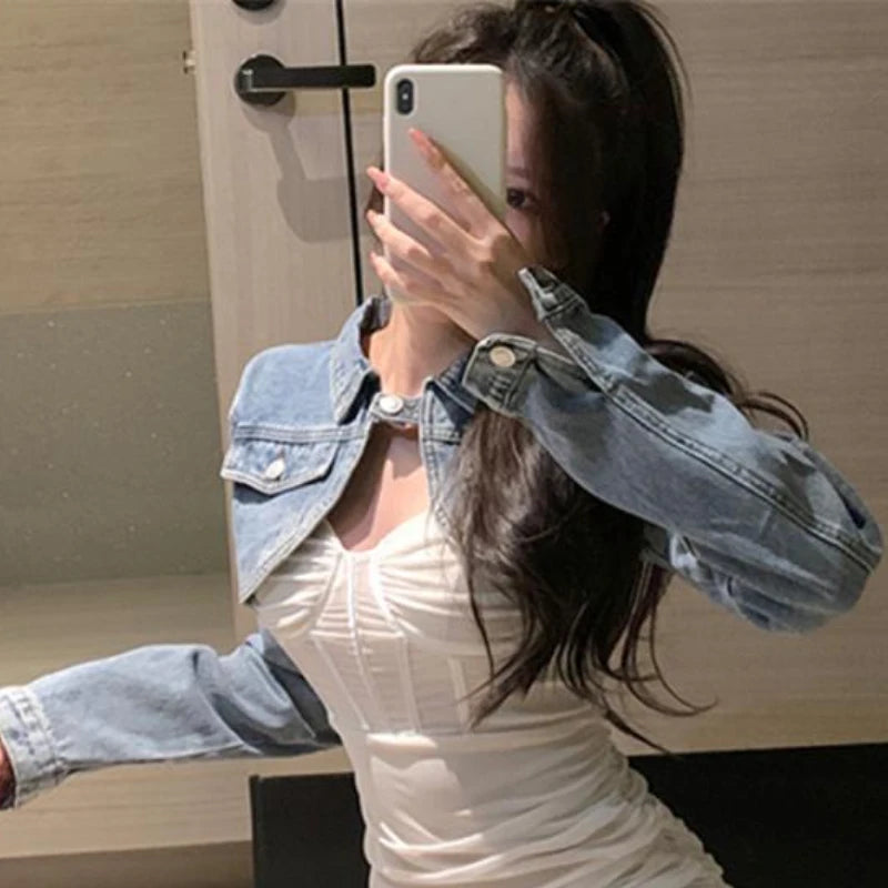Denim Jackets Women Crop Single Button Chic Vintage Outwear Casual Streetwear Solid Fashion Hotsweet Spring Teens American Style