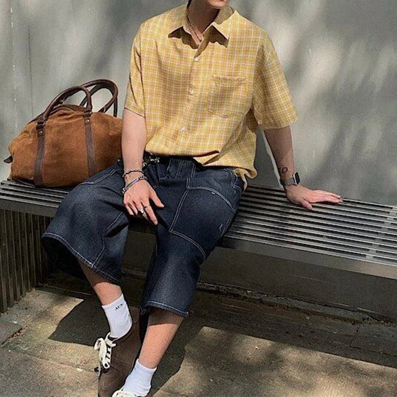 2025 Summer Stylish Short Sleeve Shirt Men's Streetwear Vintage Button-up Turn-down Collar Shirts Trendy Men Plaid Printed Shirt