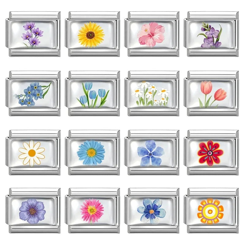 2025 Women's Fashion Colorful Flowers Sunflower Tulip Orchid Daisy Italian Charms Fit 9mm Stainless Steel Bracelet DIY Jewelry