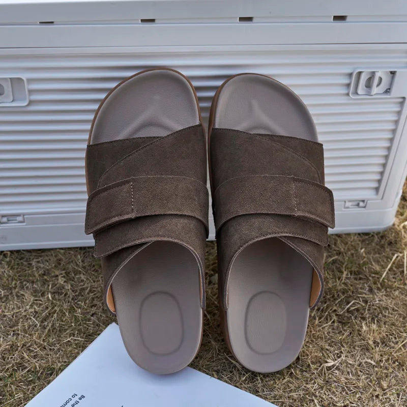 Suede Leather Mens Slippers Casual Sandals Breathable Slides Lightweight Summer Beach Flats Outdoor Walking Shoes Zapatos Hombre
