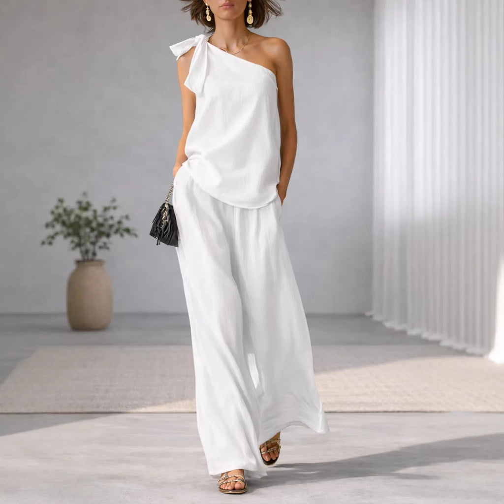 Summer Sexy Off Shoulder Tank Tops And Wide Leg Pants Two Piece Sets Casual Loose Solid High Waist Pants Sets Lace Tops Outfits