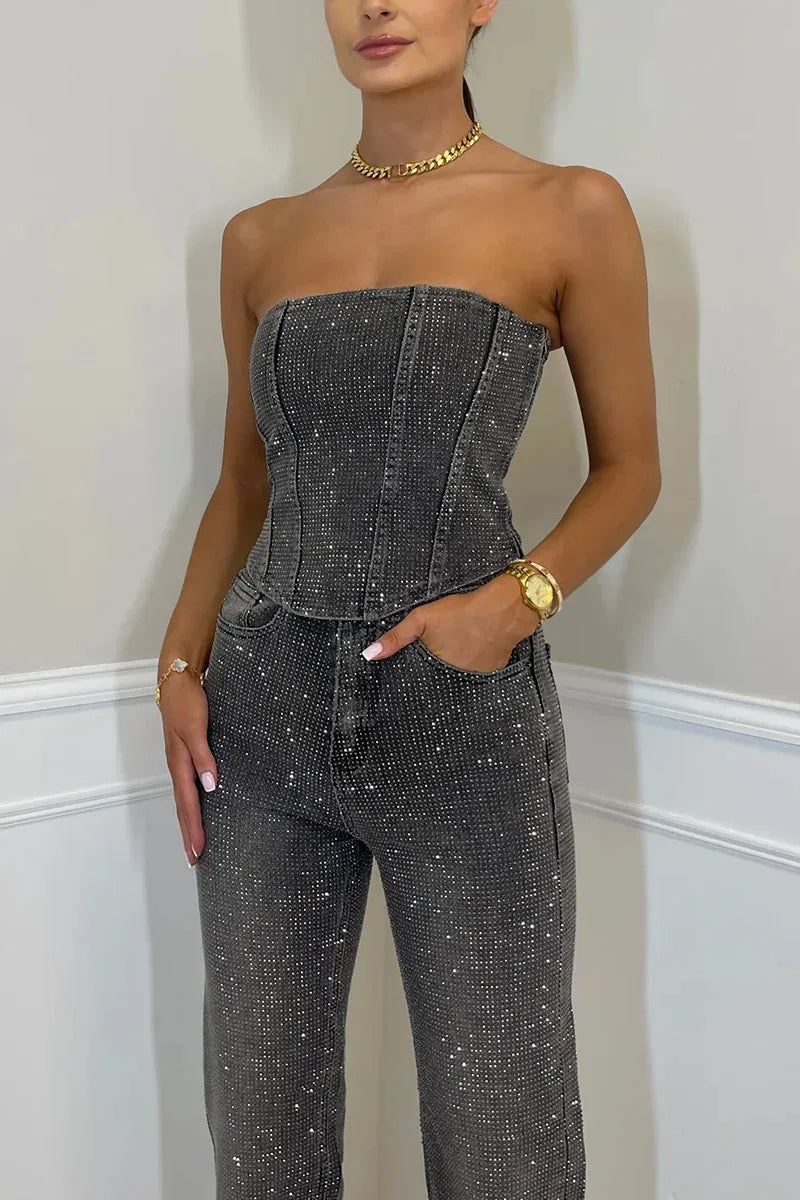 Denim Pant Set Women Two Piece Sets Sexy Strapless Sleeveless Tops Long Pants High Waist Y2k Streetwear Elegant Work 2026
