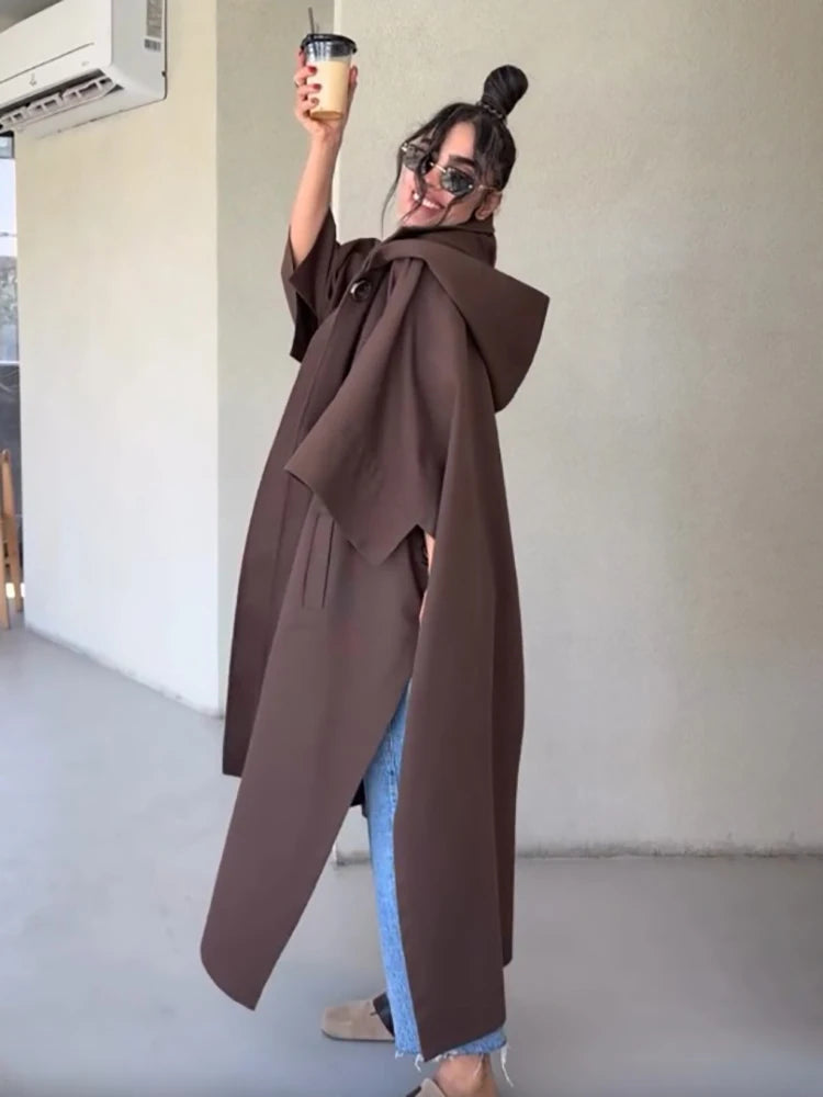Fashion Solid Cape‑style Long Overcoat Women Oversize Hooded Self‑tie‑belt Wide 3/4 Sleeve Trench Coat New Fall Female Outerwear