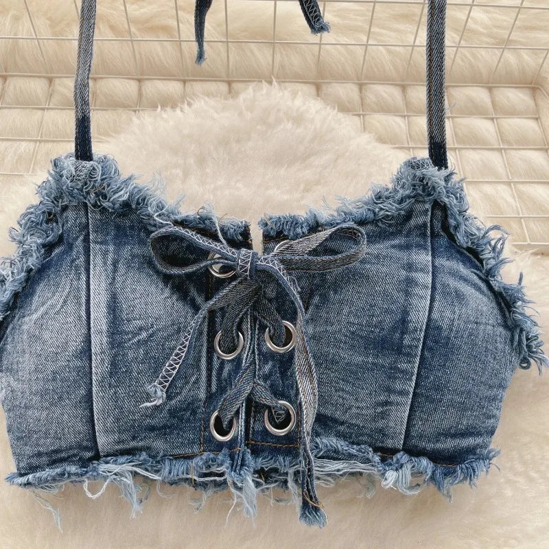 Bathing Suit Women Sexy Denim Suits Bikini Set Lace Up Drawstring Beachwear 2025 Solid Summer Vintage Two-pieces Swimwear