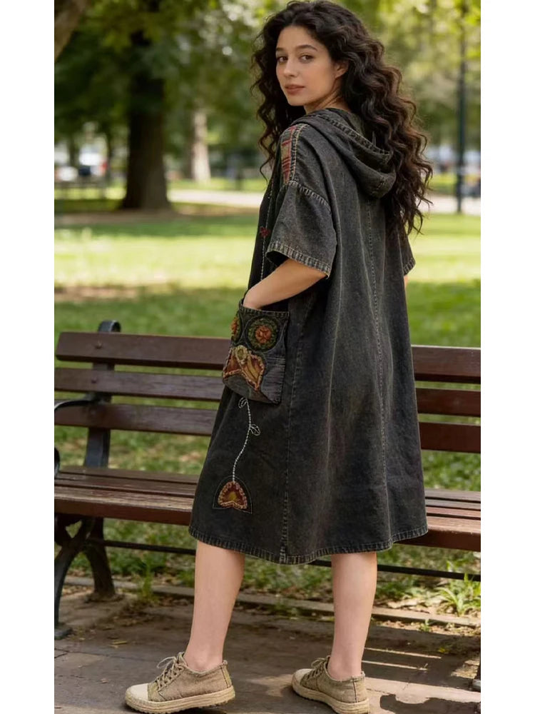 Amax LuluE Spring Vintage Loose Denim Dress Ladies 2026 Fashion Causal Embroidery Vestidos Womens British Classic Luxury Clothes