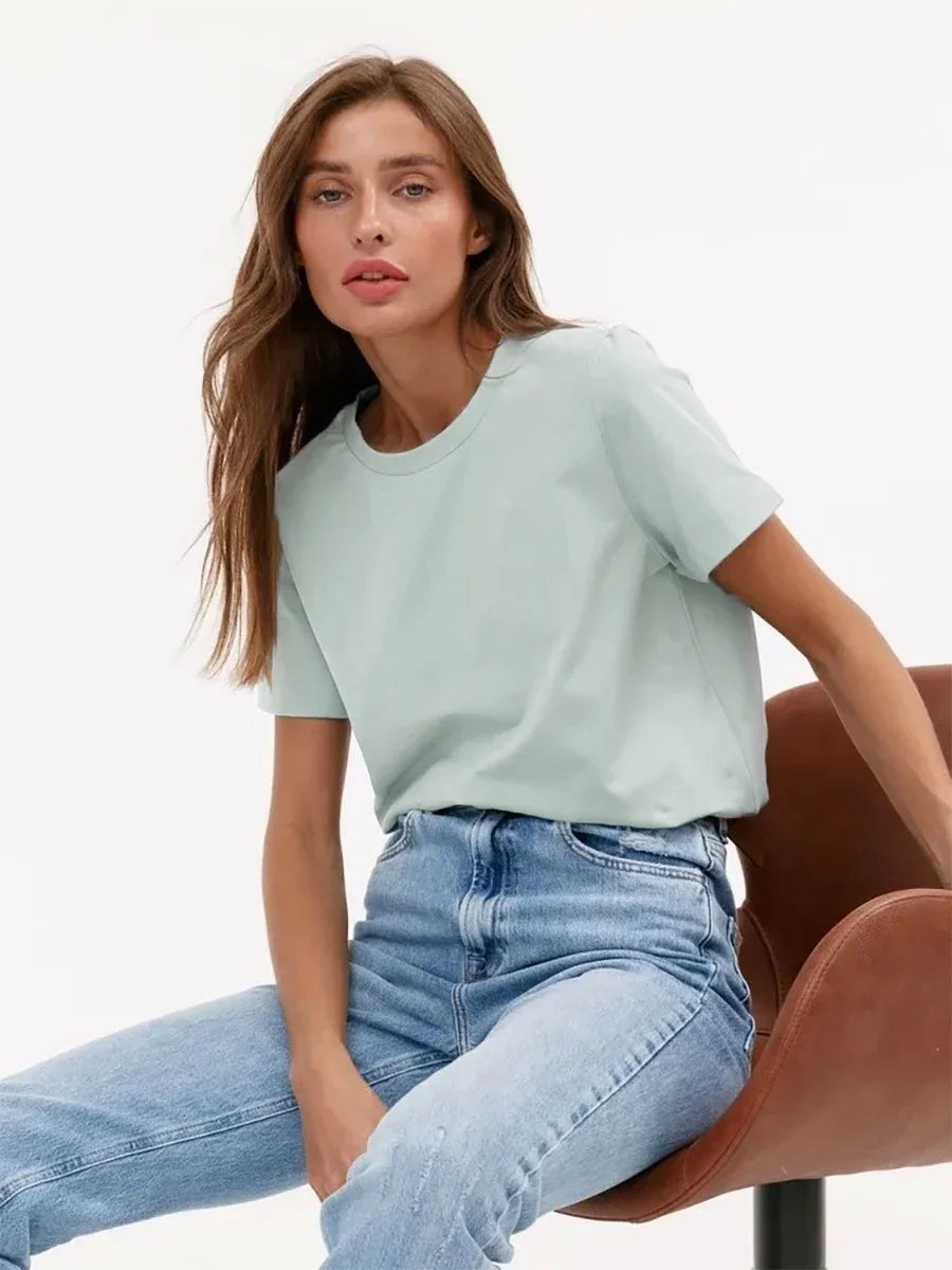 Wolfeel Summer 100% Cotton Women's T-shirt Bottoming Basic Fashionable Solid Lady Short Sleeve Loose Tops Shirts 230g/㎡ Tops