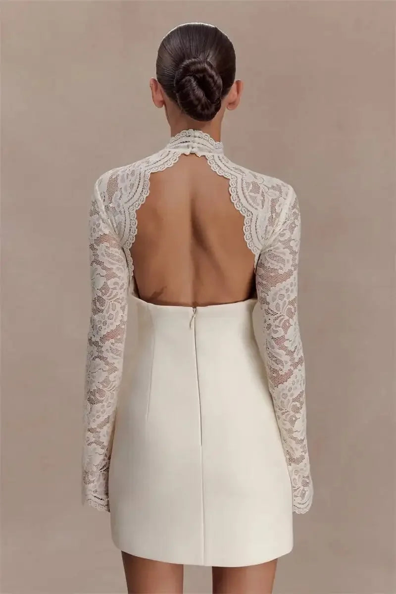 Women Elegant Lace Patchwork Sexy Mini Dress Fashion High Neck Long Flare Sleeve Backless Bodycon Club Party Dresses