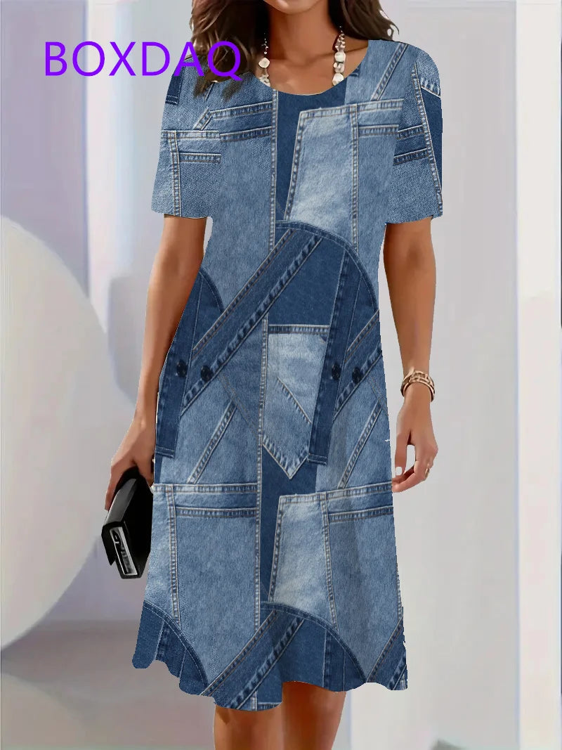 Fashion Trend 3D Imitation Denim Pattern Women's Dress New Summer Street Denim Flower Print Short Sleeve Loose Casual Mini Dress