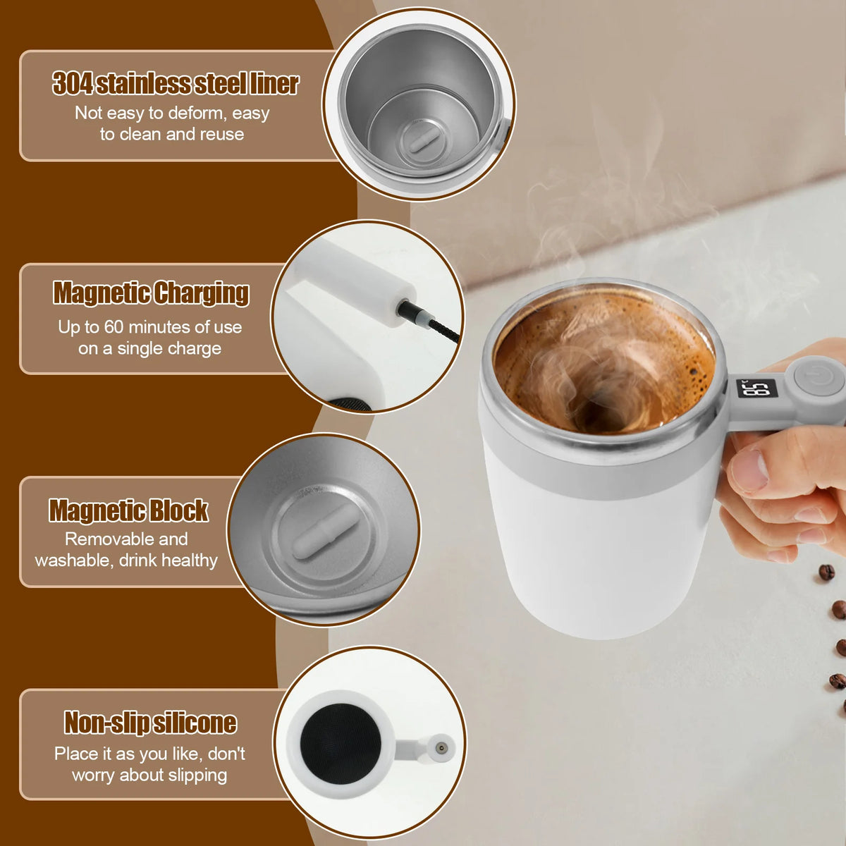 Upgrade Self Stirring Mug, Rechargeable Automatic Magnetic Stirrer Coffee Cup 400ml Stainless Steel Self Stirring Coffee Cup