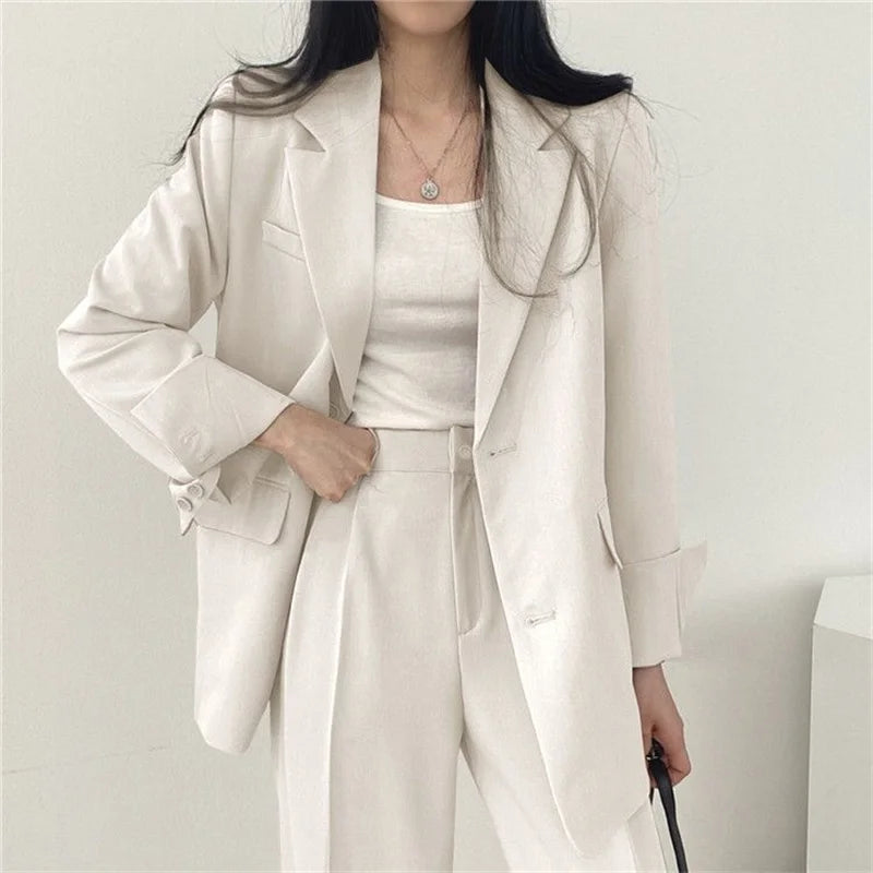 2026 Female Solid Color Blazer 2PCS Autumn Women Lapel Tops High Waist Outfit Korean Ladies Long Sleeves Suit Wide Leg Pants