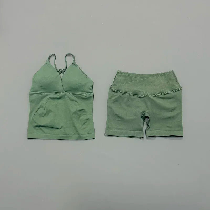 2Pcs Workout Shorts Set Women Cross Waist Scrunch Butt Shorts Tummy Control Racerback Tank Top Running Fitness Two Piece Suit