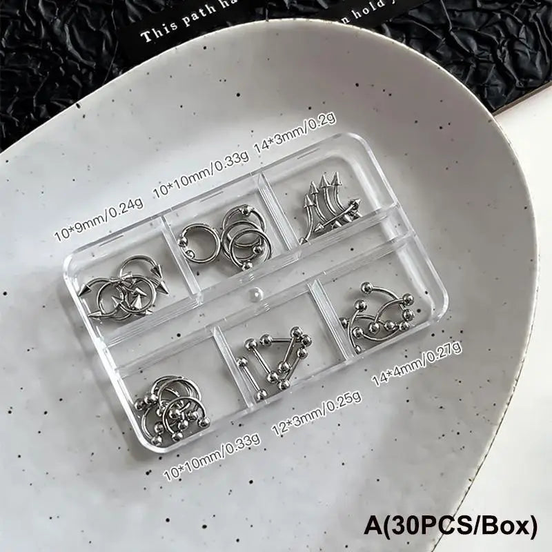 30pcs/box 6 Grids Nail Piercing Punk Charm Metal Alloy Pierced Black/White Nail Jewelry Decor 3D Nail Supply For Cool Girl