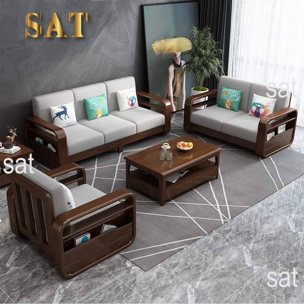 #Nordic Modern Simple Sectional Sofa Solid Wood and Fabric Living Room Furniture Set for Small Apartments