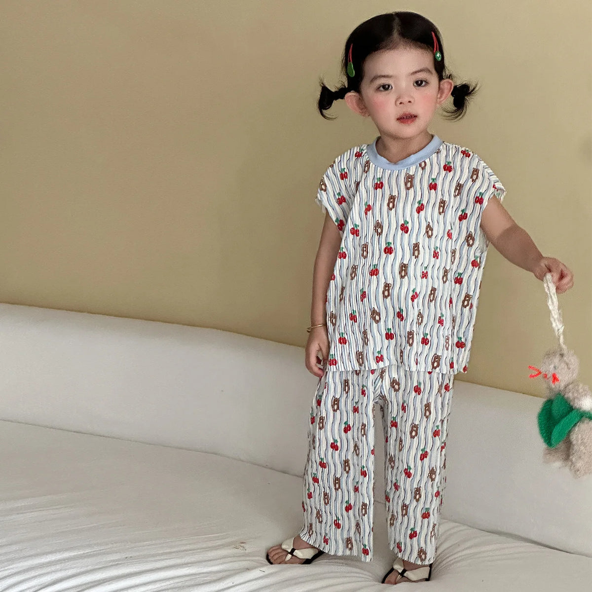 2026 New Infants Kids Matching Clothing Set Cartoon Print Pleated 2 Pieces Suit Tank Top Trousers Soft Loose Streetwear Homewear