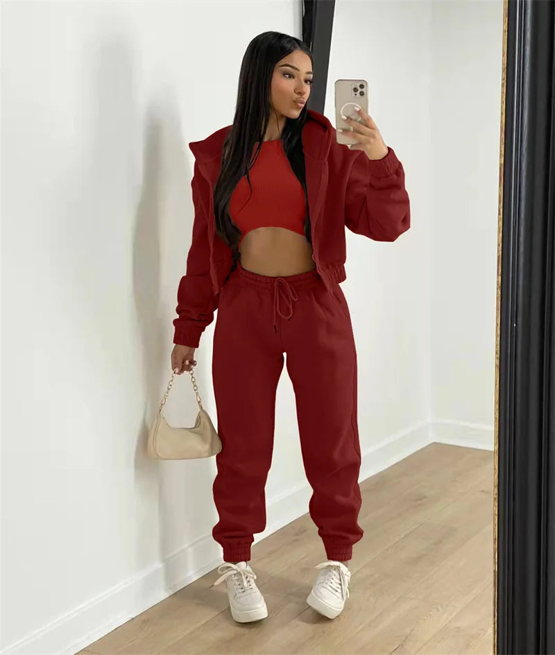 Active Wear 3 Piece Sets Womens Outfits Tracksuit Hooded Jacket Top + Vest + Sweatpants Sporty Suit Fitness Casual Matching Sets