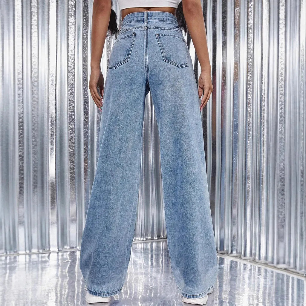 Denim Straight Pants Women Pearls Spliced Jeans High Waist Washed Basics Ankle Length Trousers Streetwear Pant Solid Autumn