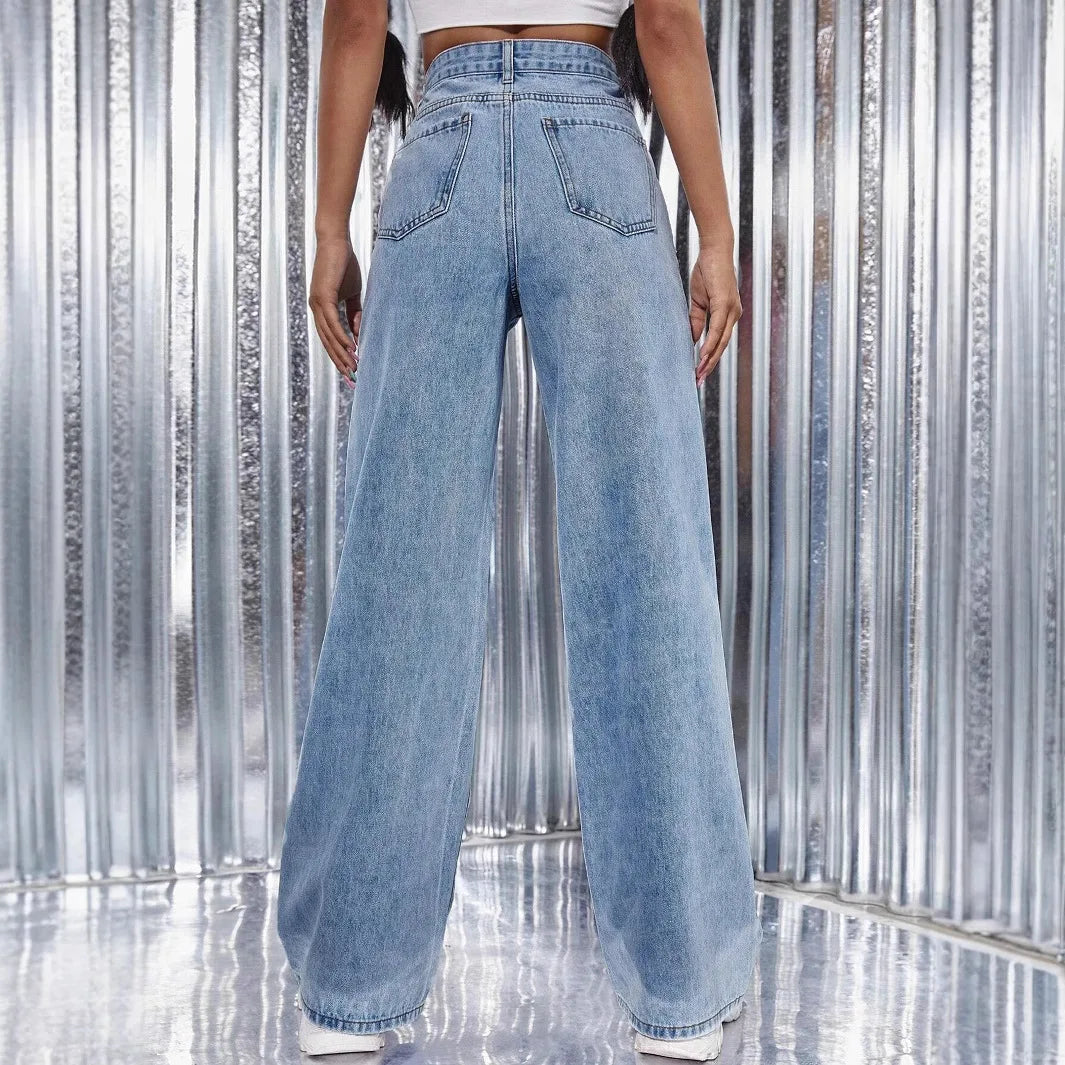 Denim Straight Pants Women Pearls Spliced Jeans High Waist Washed Basics Ankle Length Trousers Streetwear Pant Solid Autumn
