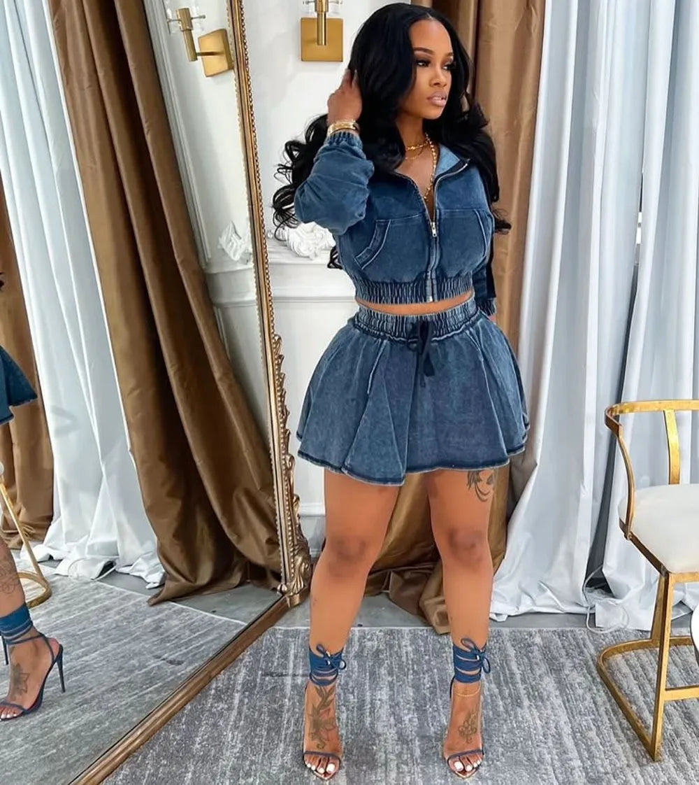 Women's Two-piece Set Dress Denim Crop Top Drawstring Waist Dresses Hooded Mini Dress Zip Front A Line Skirt Casual Dress