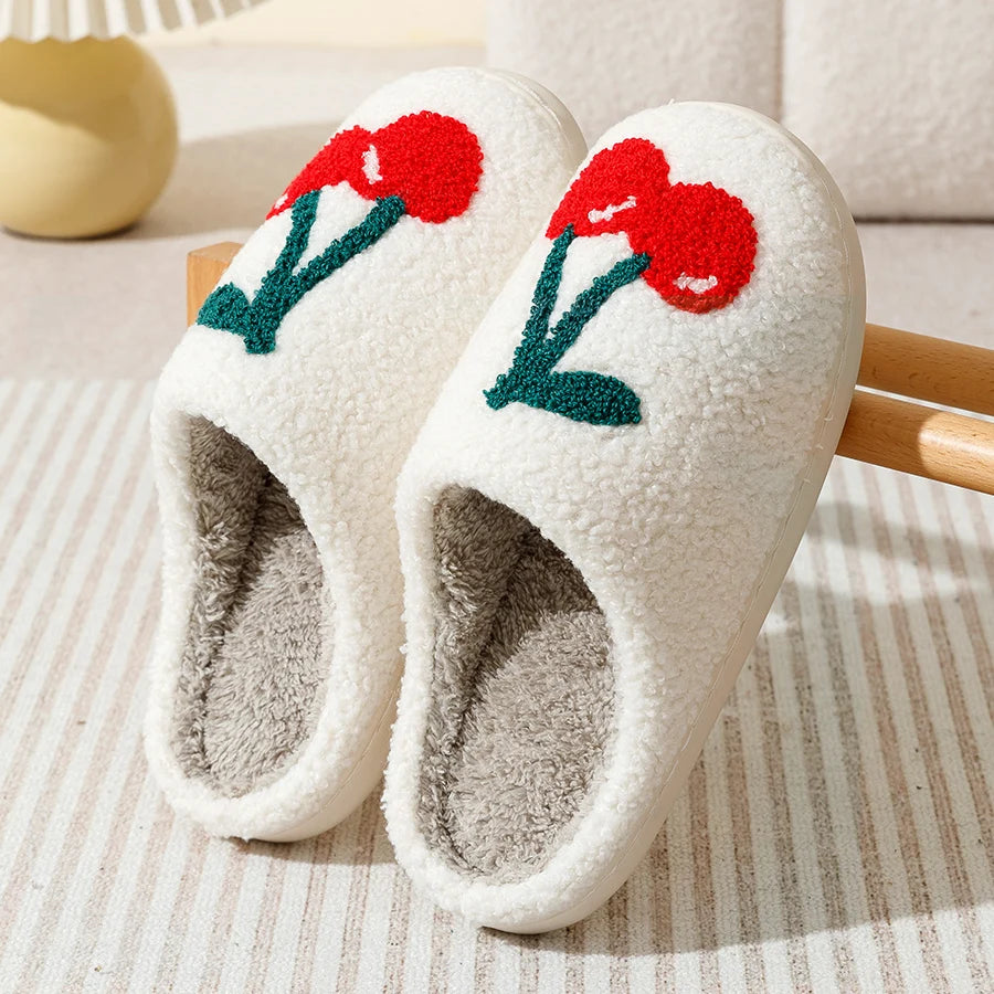Cute Avocado Women Slippers Winter Warm Indoor Fruit Cartoon Funny Soft Non-slip Slipper Cherry Strawberry Comfy Cotton Shoes