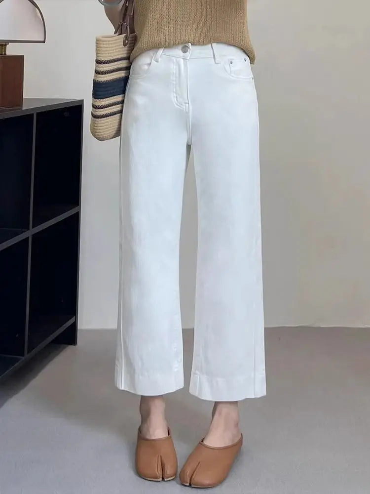 Retro Fashion Solid Color Holiday Denim Straight Pants Women's Summer Large Size High Waist Thin Wide Leg Nine-point Pants