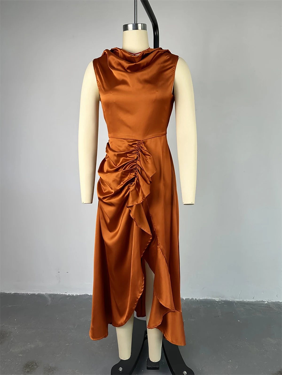 Women’s Elegant Ruched Ruffle Party Dress Solid Sleeveless Slim High Waist Irregular Split Hem Cocktail Party Midi Fashion Dres