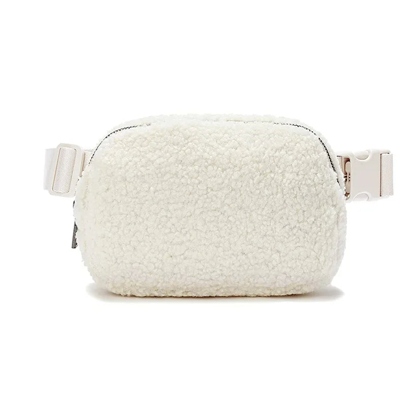 Winter Fleece Belt Bag for Everywhere Women Crossbody Bag White Fanny Pack Bag Small Waist Bag with Adjustable Strap (Ivory)