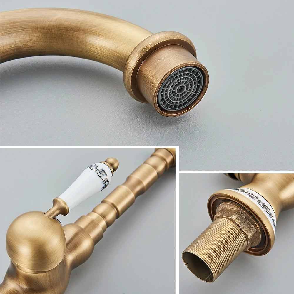 Antique Brass Bathroom Faucet Hot & Cold Mixer Tap Single Hole Single Lever Rotatable Ceramic Handle for Kitchen