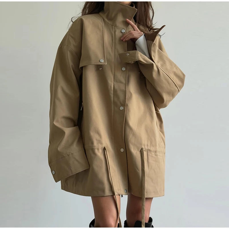 Lapel Women's Outerwear Waist Cinching Belted Jacket Drop Shoulder Cropped Cargo Trench Coat Meilaid Style Daily Fashion Wear