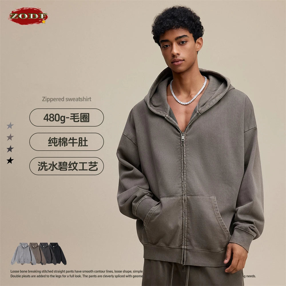 ZODF Heavy Wieght 480gsm Washed Cotton Boxy Zipper Hoodies For Man Unisex Retro Patchwork Off Shoulder Hooded Coats HY1152