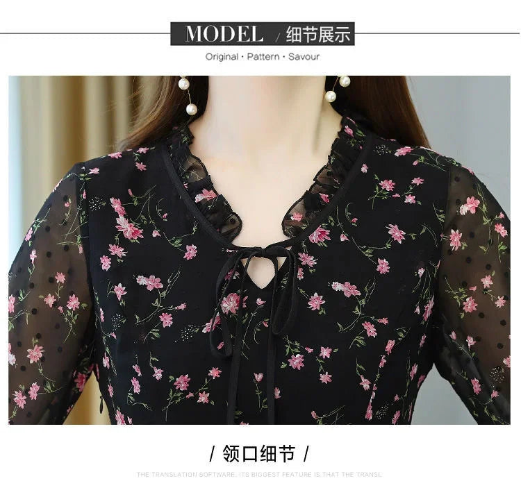 Woman Dress Summer Autumn New Long Sleeve Small Floral Chiffon Dress Dress Vestido De Mujer