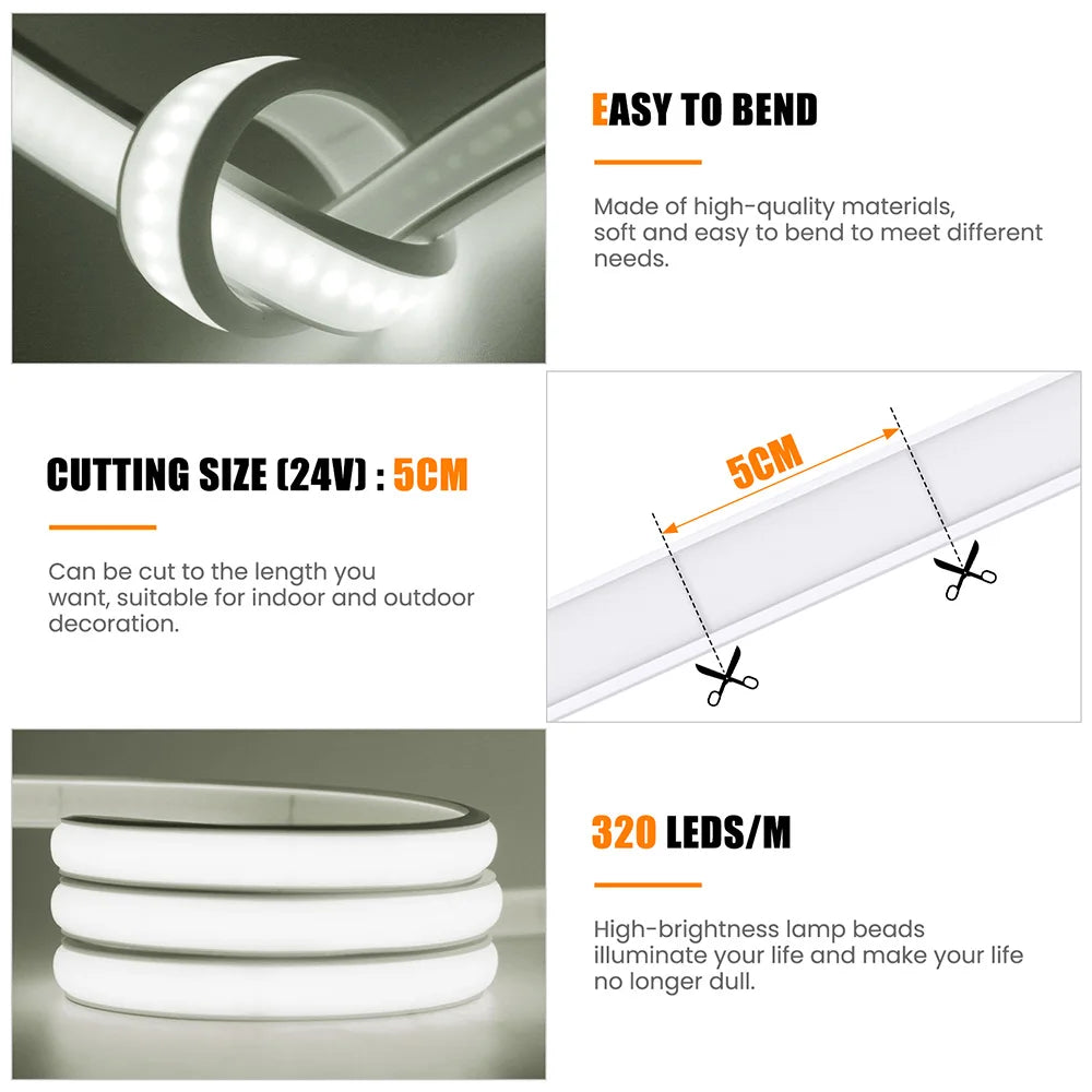 24V COB Solar Neon Light Strips DC 24V Flexible Lights Waterproof IP67 Warm White 1m 2m 3m 4m 5m LED Strip For Garden Decoration