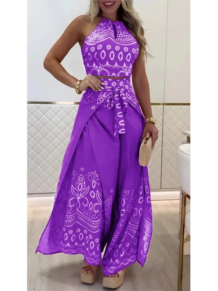 Summer New Fashion Printed Casual Loose Suit Literary Retro Sleeveless Halter Top Wide-leg Pants Commuting Two-piece Sets