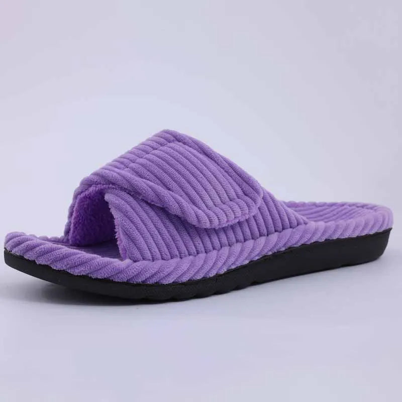 Litfun Open Toe House Slippers For Women New Corduroy Indoor Flat Slides With Adjustable Strap Four Season Lady Orthopedic Shoes