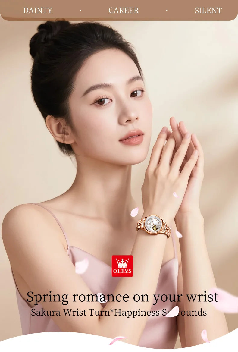 OLEVS 6732 Women's Watches Elegant Rose Gold Stainless Steel Hollowed Diamond Dial Automatic Mechancial Watch Gift Box for Women