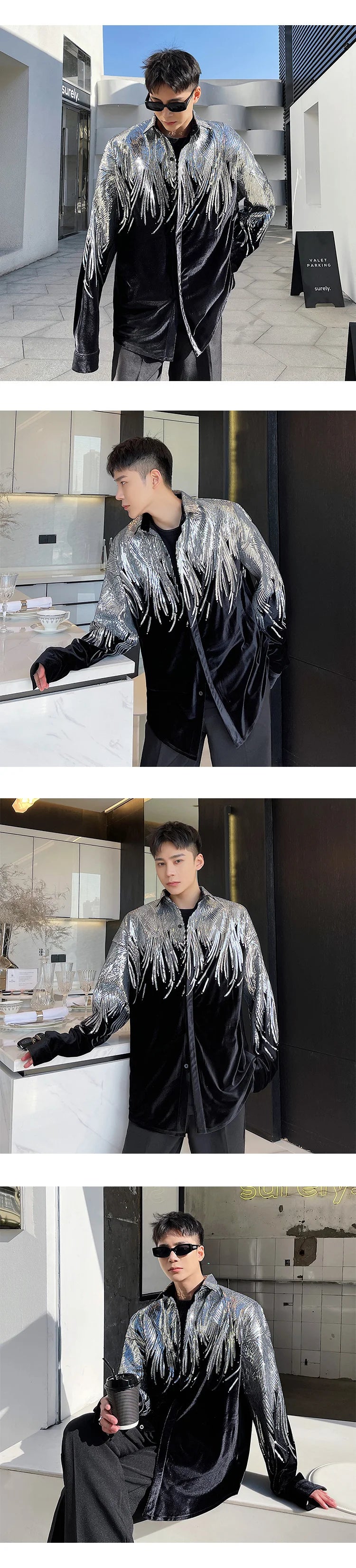 IEFB Summer Embroidery Sequin Velvet Fashionable Temperament Men's Long Sleeve Shirts Lapel Personal Design Oversize Tops 9Y6658