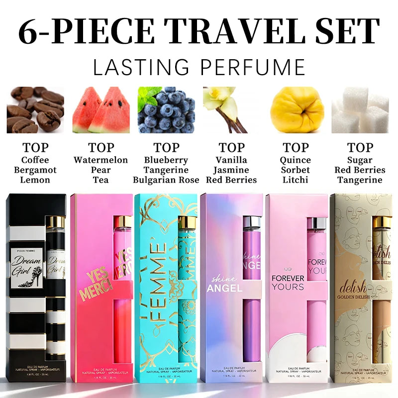 6-Piece Travel Set, Men's and Women's Eau De Toilette Spray, Long-Lasting Fragrance, 6 Different Flavors, Perfect for Holiday Gift