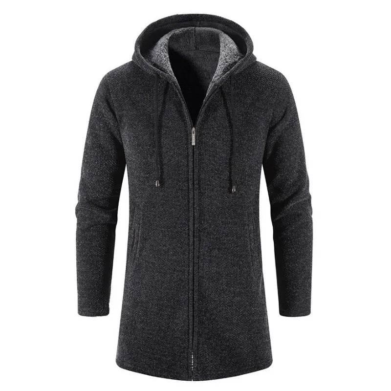 KIDWHXR Man Autumn Winter Cardigan Jacket Fleece Warm Hooded Sweater Coat Male Mid Length Long Sleeve Male Casual Outerwear
