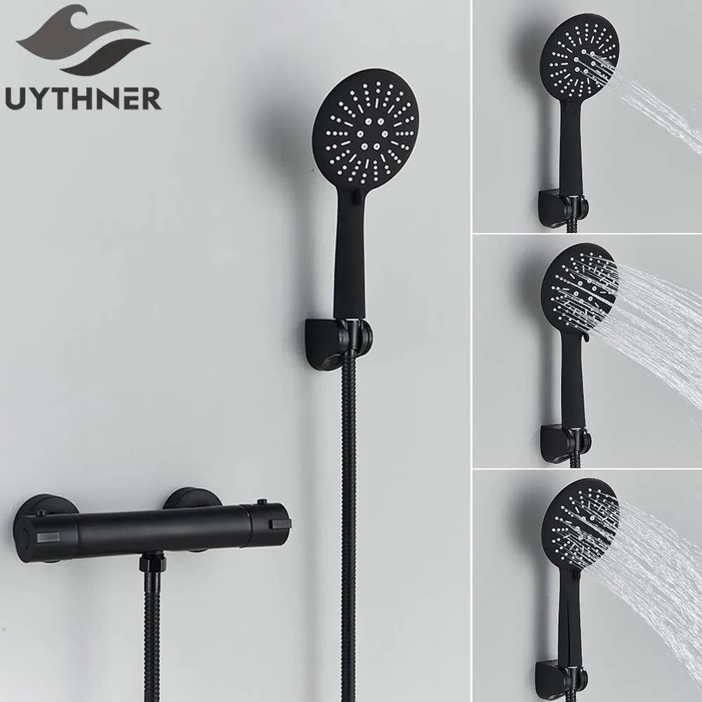 Thermostatic Shower Set Black/Chrome Brass Wall Mounted Bathroom Shower Thermostat Mixer Valve Handle Spray Bathroom Accessories
