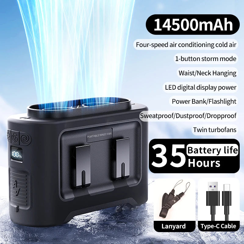 Socoolfan 14500mAh Outdoor Fan Portable Waist Hanging Neck Strong Dual Air Vents Fans for Travel Sports Courier Outdoor Working