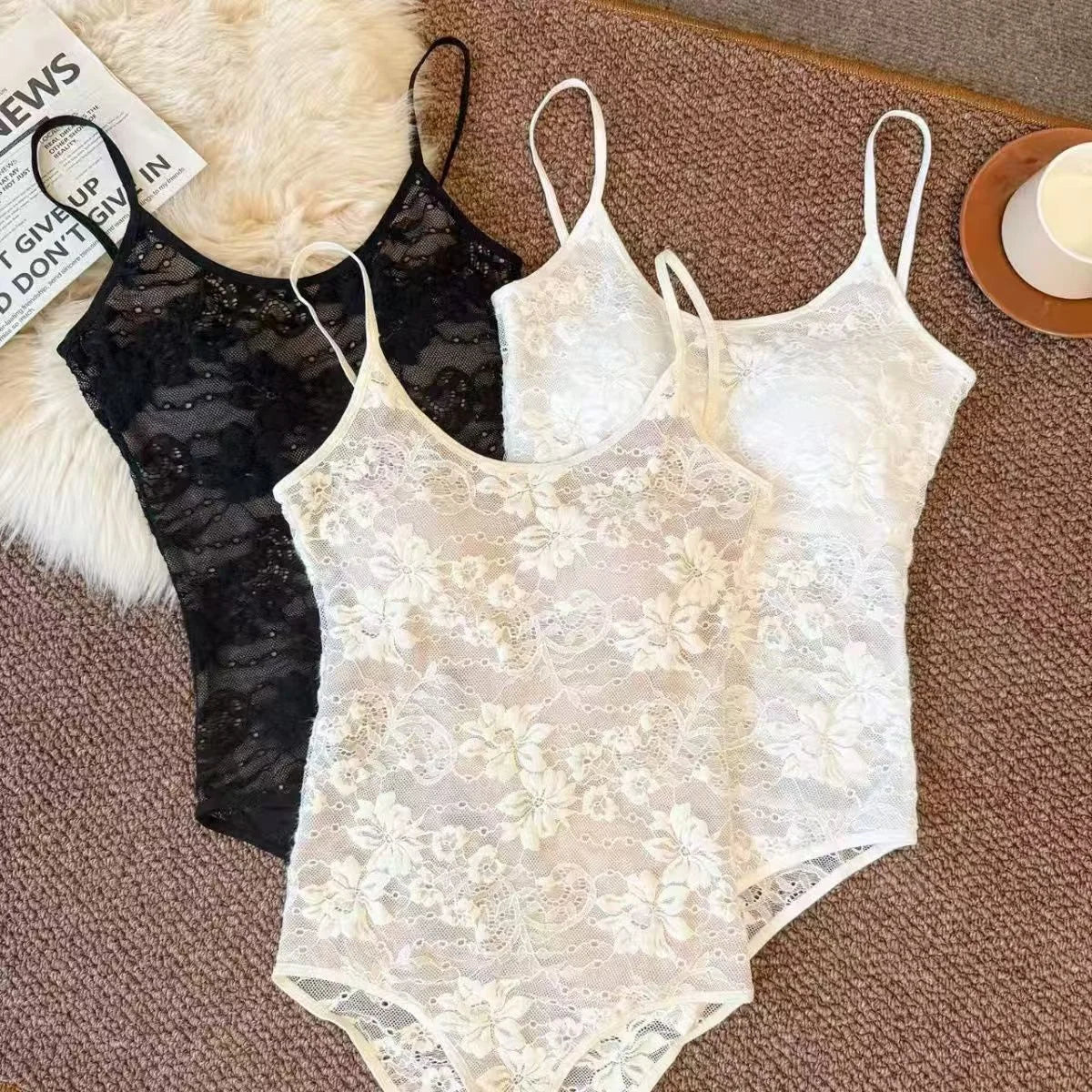 Sexy Lace Slim Jumpsuit Women Sleeveless Backless Solid Hollow Out Tops Summer Fashion Y2K Spaghetti Strap Top Lady Party Club