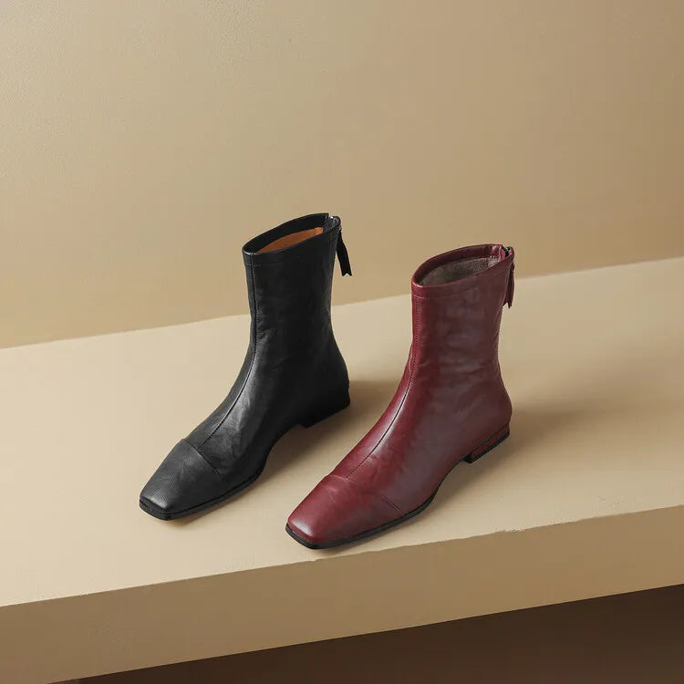 NEW Autumn/Winter Women Boots Square Toe Low Heel Shoes Genuine Leather Shoes for Women Concise Zipper Short Boots Modern Boots