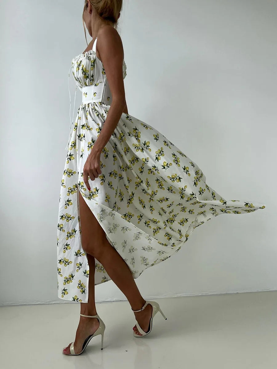 Bornladies 2025 Summer New Printing Cami Dress High Waist Slit Lemon Print Maxi Dress Vacation Long Dress For Women
