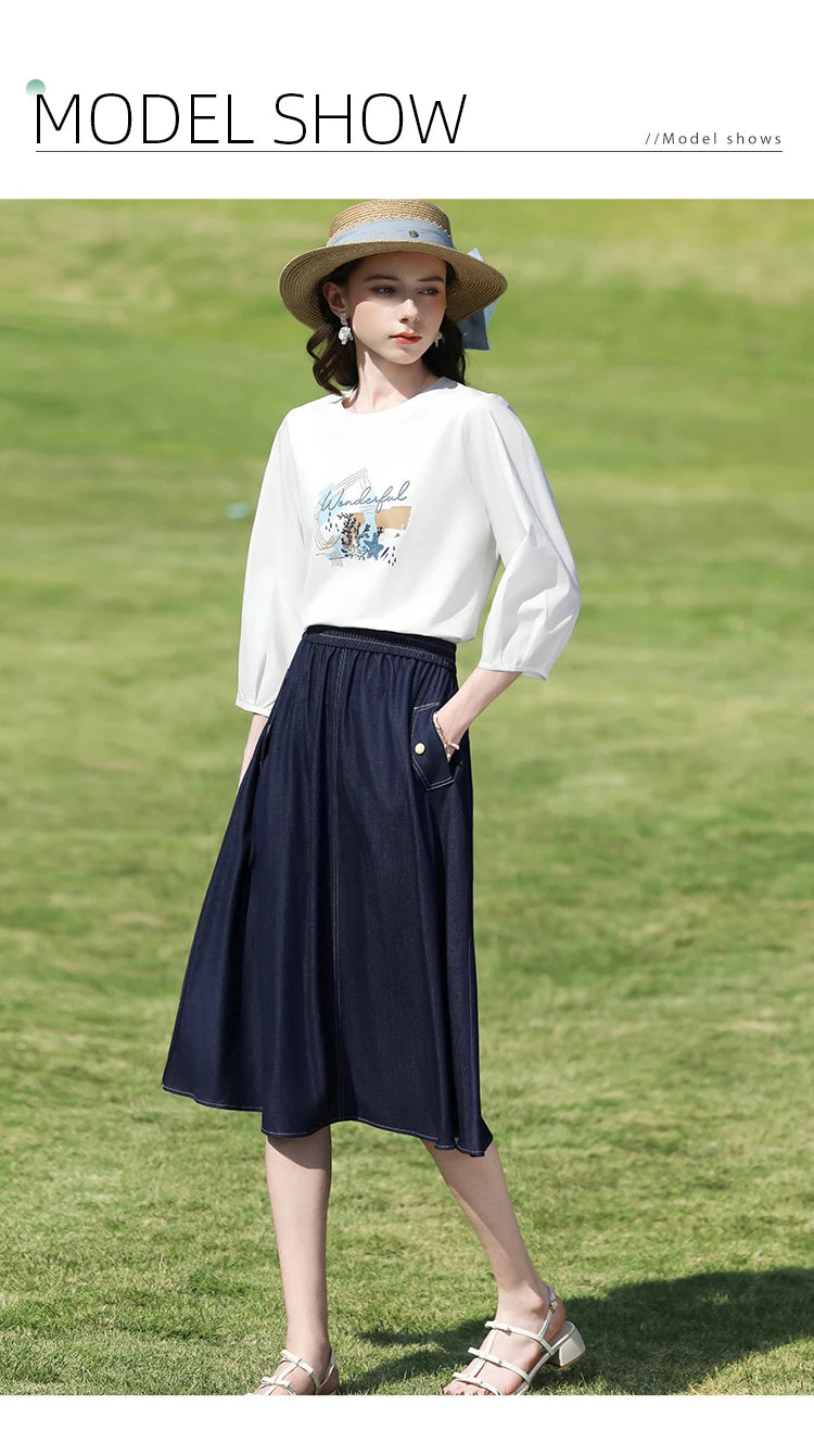 I BELIEVE YOU Dark Blue Denim Midi Skirt for Women 2026 Spring Elastic Waist Skirts Casual A-Line Skirt with Pockets 2261026207