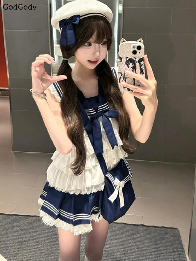 2025 Spring Preppy Style Sweet Elegant 2 Piece Sets Women Sailor Collar Y2k Design Mini Skirt Suits Female Bow Lace Chic Outfits