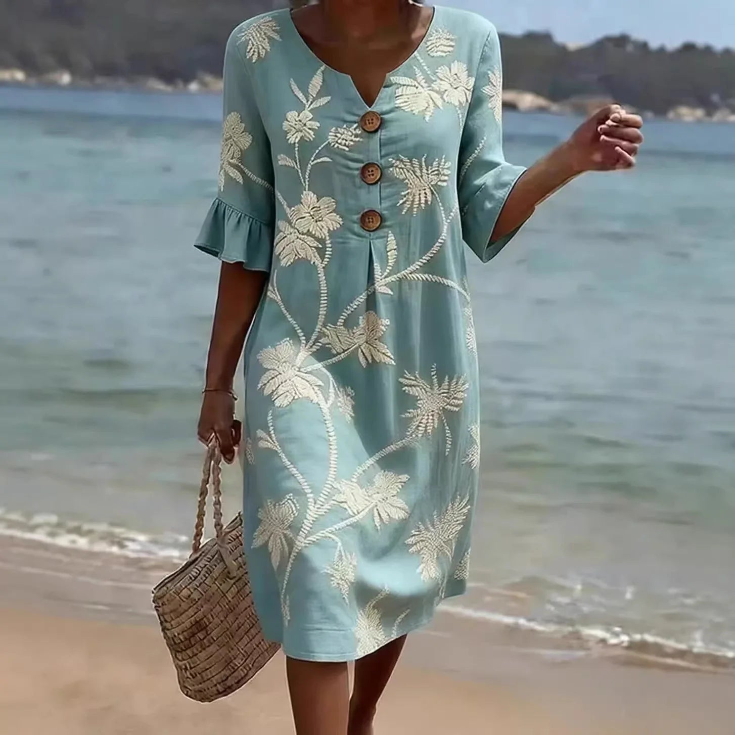 Mom Casual Dresses V Neck Elegant Retro Printed Medium Sleeved Dress Summer Fashion Streetwear Maxi Vestidos For Daily Fit