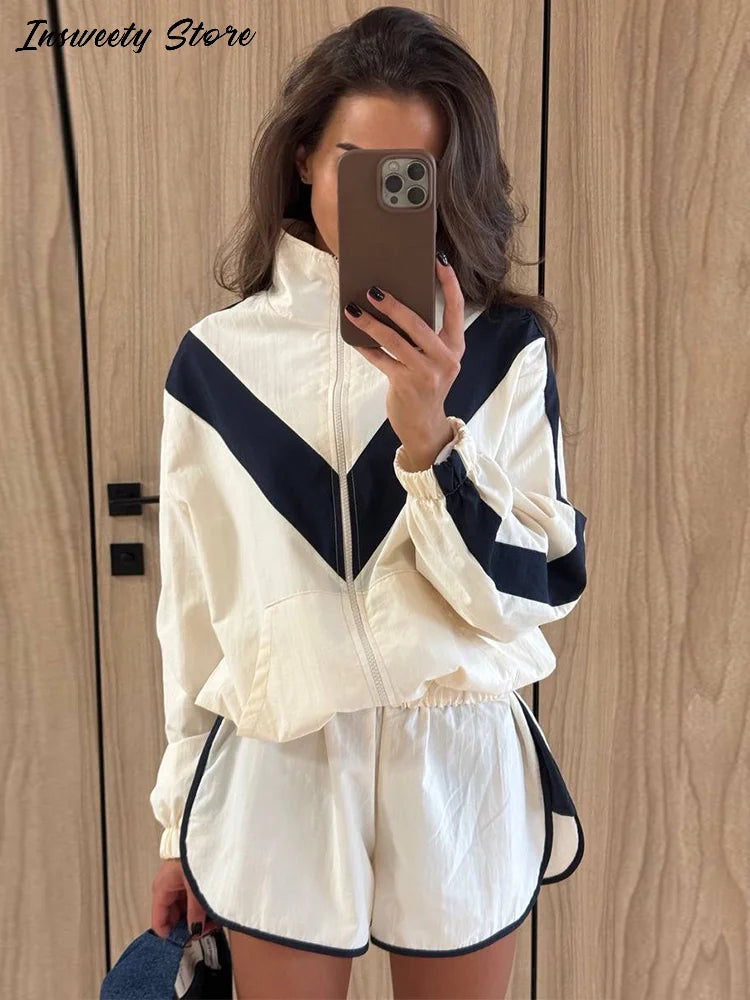Fashion Color Block 2 Piece Tracksuit Women's Stand Collar Zip Lightweight Jacket Loose Mini Shorts 2026 New Lady Casual Outfit